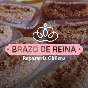 logo de brazo de reina repostería chilena. Es un bollo de pan que asemeja ser una corona. El logo está sobre un fondo de deliciosa repostería chilena