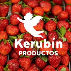 Logo blanco de silueta de angel sobre fondo de fresas rojas