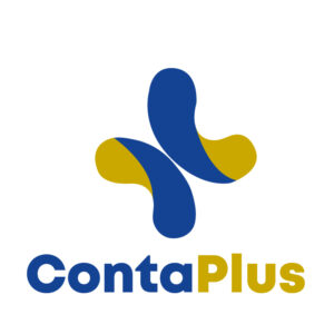 logo de contaplus texto y un símbolo más de color azul y dorado