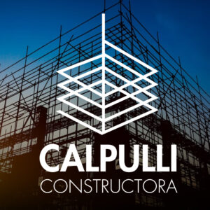 logo de figura de construcción texto calpulli constructora fondo de construcción en varillas