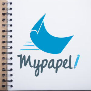 logo de Mi papel es un papel doblado que parece ser empujado por el viento al final del texto "mypapel" hay un pequeño lapiz azul