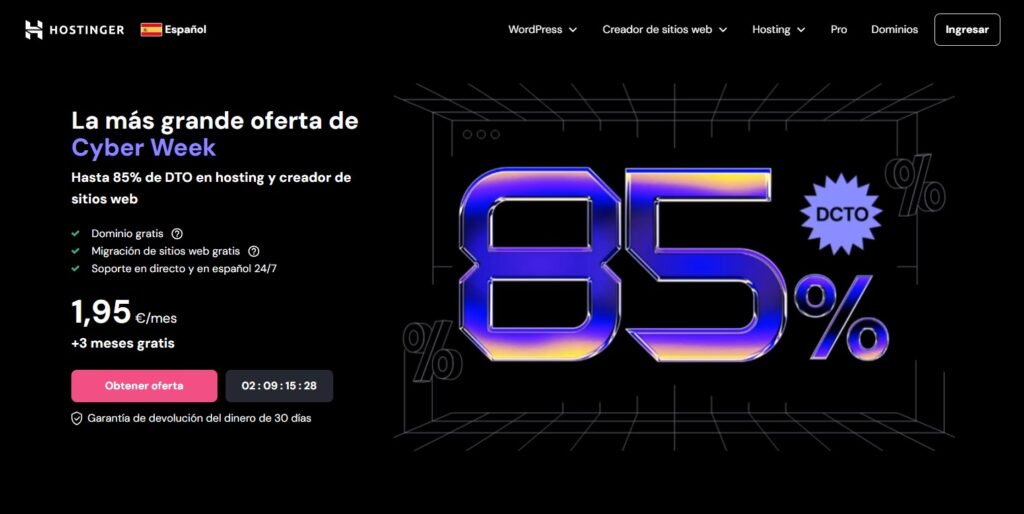 Call to action de Hostinger, es un botón que dice obtener oferta