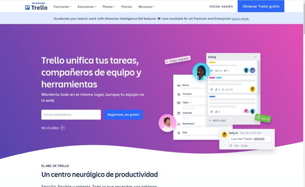 Trello en su página de inicio utiliza ilustraciones para representar su servicio